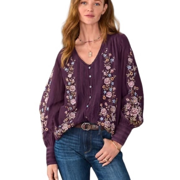 Sundance Eggplant Purple Embroidered Eyelet Puff Sleeve Button Front Top - XS - Picture 2 of 14